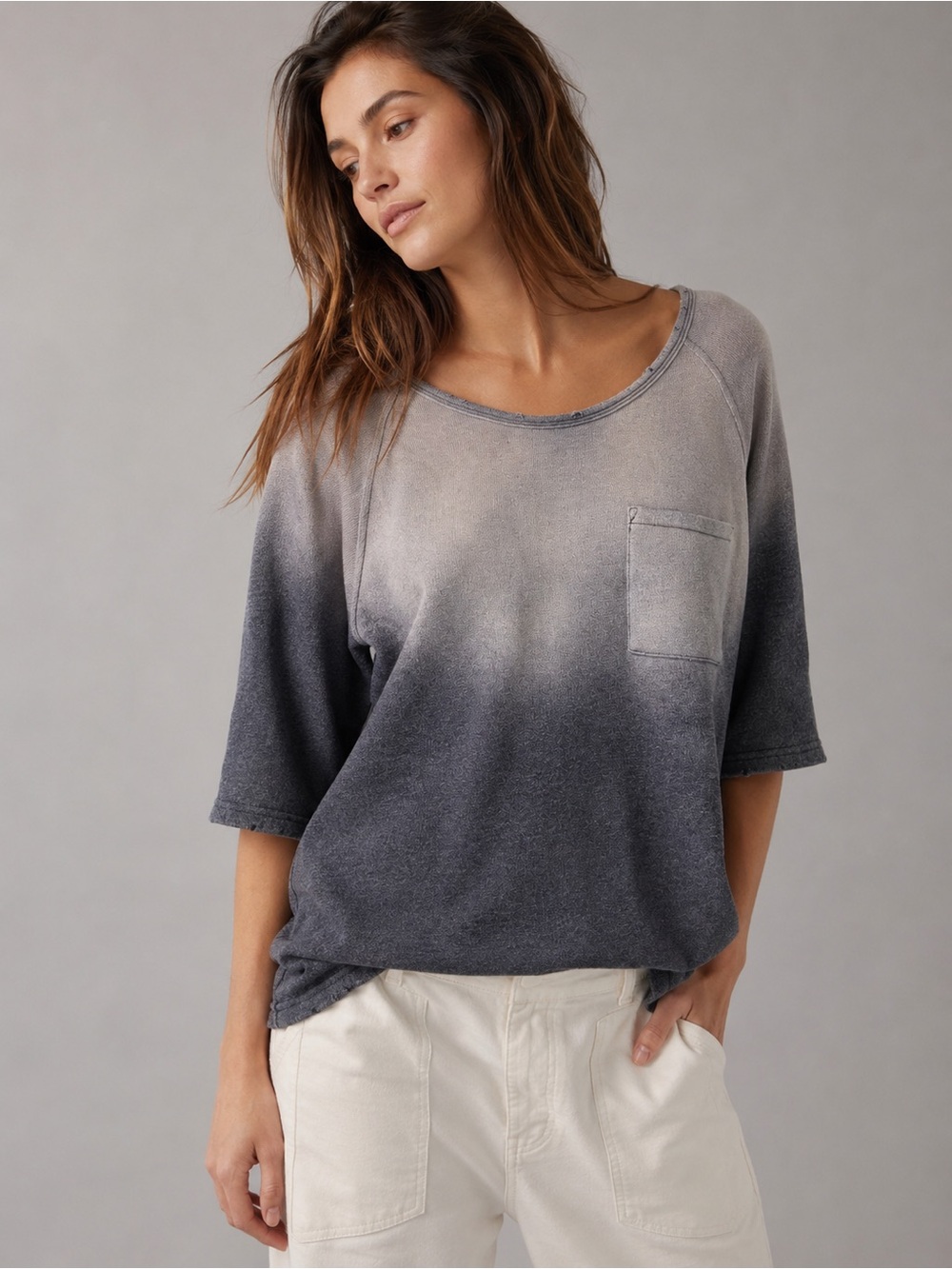 Free People Beach Tunic Top XS Gray Ombre 3/4 Sleeve Pocket Oversized